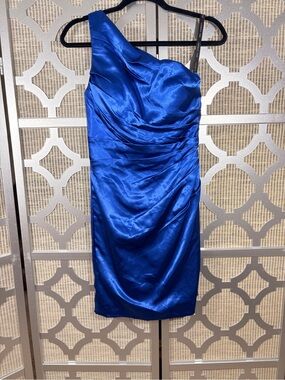 Bill Levkoff Royal Blue One-Shoulder Satin Cocktail Dress